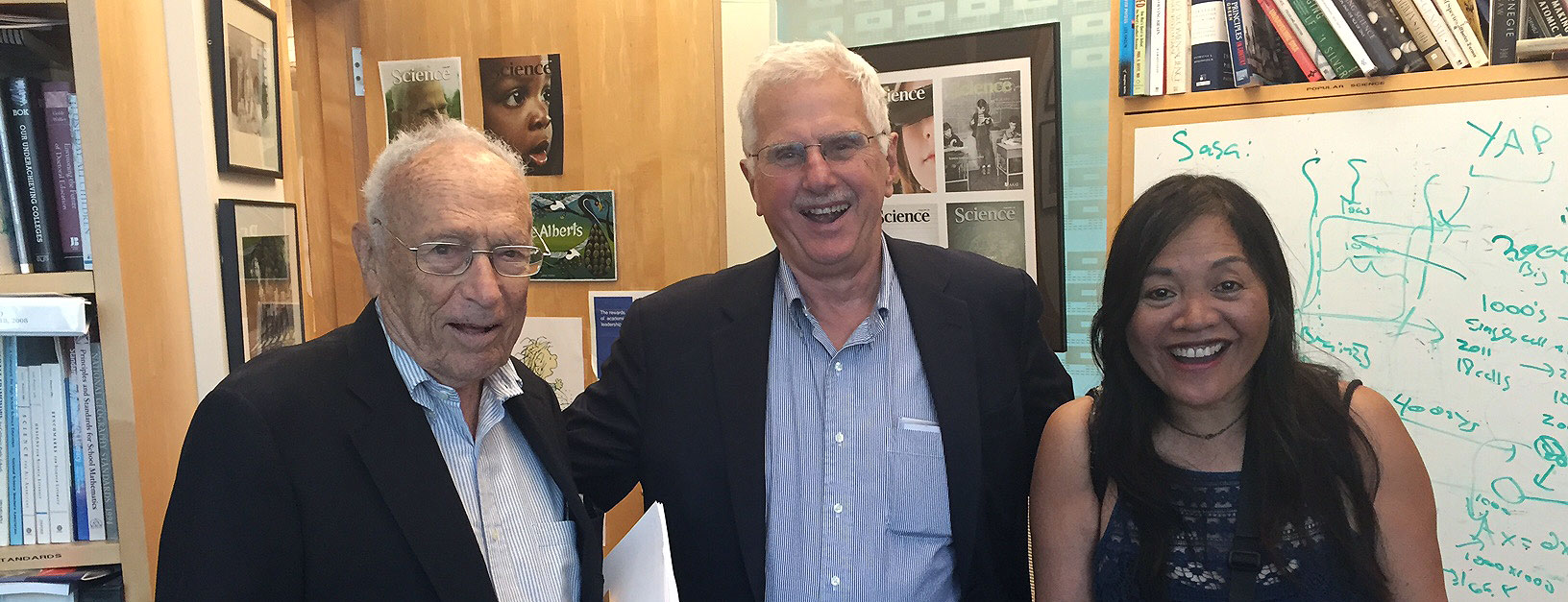 Dr. Alberts being interviewed by the San Francisco Chronicle's David Perlman, with photographer Liz Hafalia, 2015.