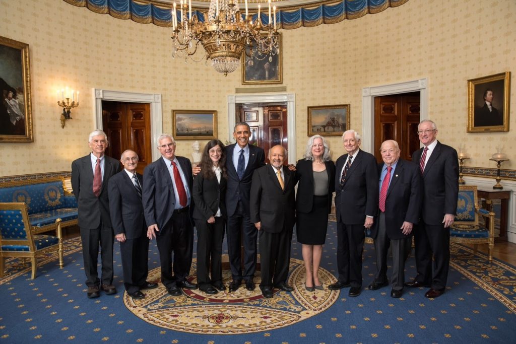 President Barack Obama joins National Medal of Science recipients for a group photo in the Blue Room before honoring recipients of the National Medal of Science and the National Medal of Technology and Innovation in the East Room of the White House, Nov. 20, 2014. Honorees are: Bruce Alberts, University of California, San Francisco, Calif.; Robert Axelrod, University of Michigan, Mich.; May Berenbaum, University of Illinois at Urbana-Champaign, Ill.; Alexandre J. Chorin, University of California, Berkeley, Calif.; Thomas Kailath, Stanford University, Calif.; Judith P. Klinman, University of California, Berkeley, Calif.; Jerrold Meinwald, Cornell University, N.Y.; Burton Richter, SLAC National Accelerator Laboratory and Stanford University, Calif.; Sean C. Solomon, Columbia University, N.Y.; and David Blackwell, University of California, Berkeley, Calif. (posthumous). (Official White House Photo by Lawrence Jackson.)